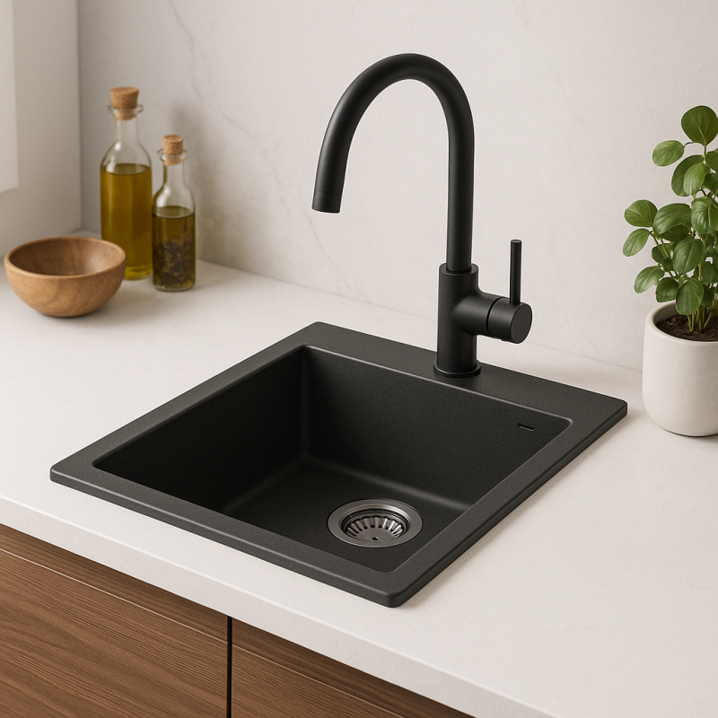 GraniteMy Bremen granite sink 40x50 cm black top-mounted, undermounted and flush-mount with tap hole bench with stainless steel plug 1208967278